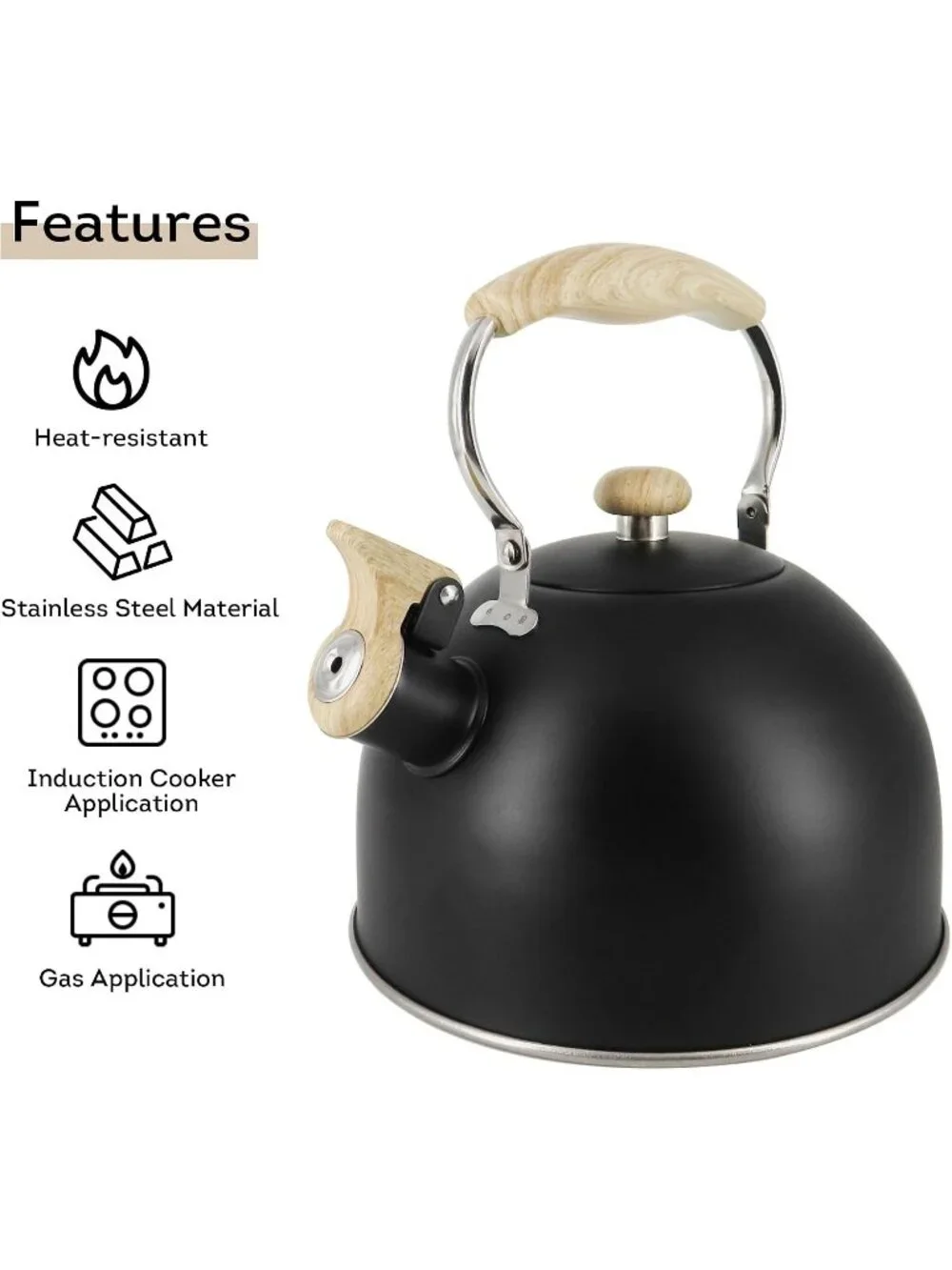 Matte Black Kitchen Whistling Tea Kettle 2 Quart Stainless Steel Stovetop Teapot